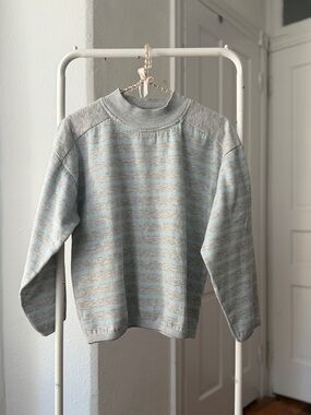 Vintage 80s Upper Level mock neck pastel blue stripe drop shoulder sweatshirt